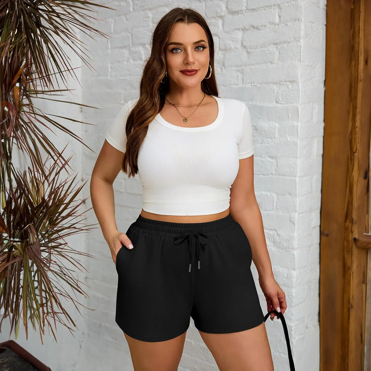 3 Pcs Women's Plus Size Sweat Shorts Drawstring High Waist Elastic Athletic Shorts with Pocket 1X-5XL