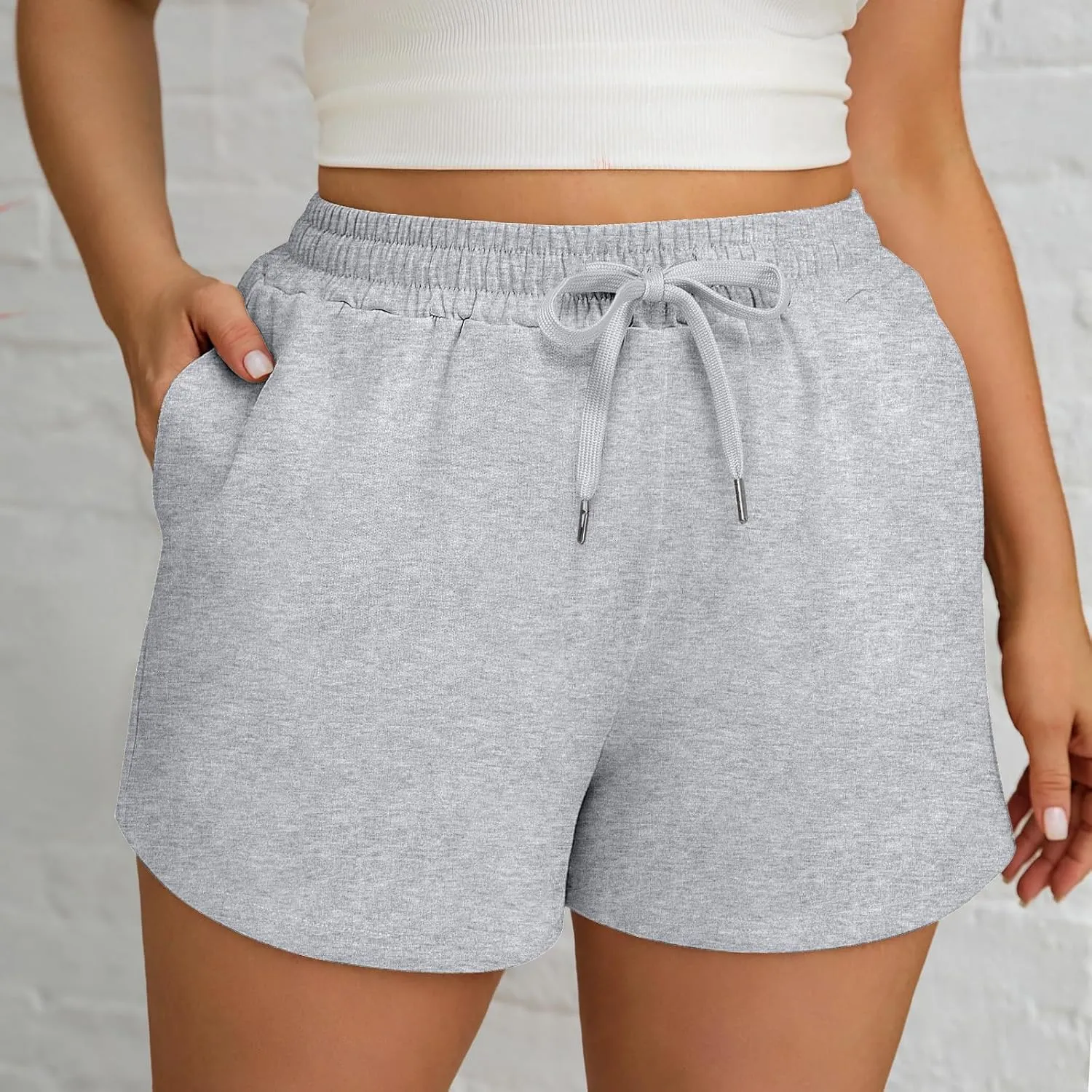 3 Pcs Women's Plus Size Sweat Shorts Drawstring High Waist Elastic Athletic Shorts with Pocket 1X-5XL
