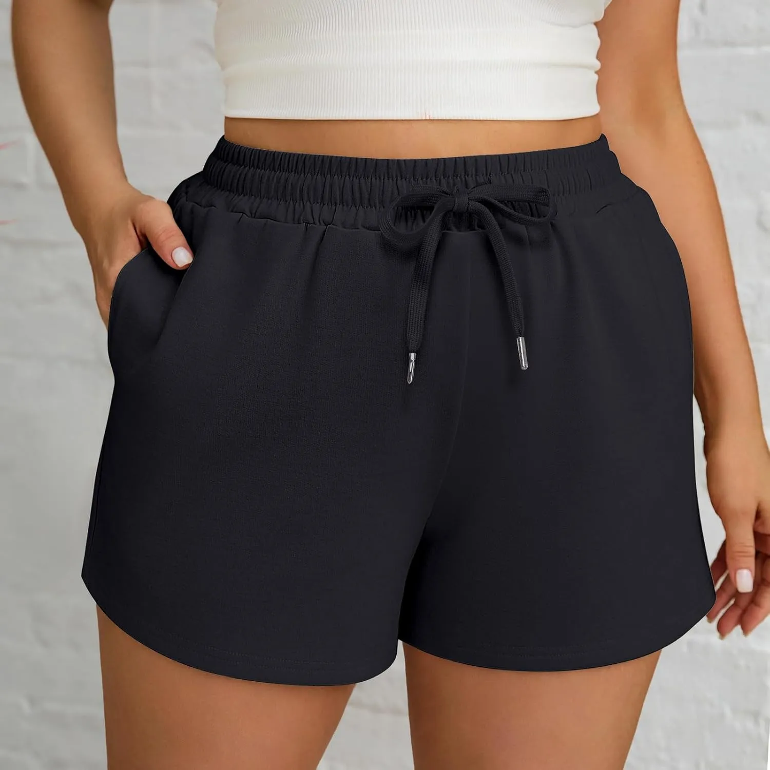 3 Pcs Women's Plus Size Sweat Shorts Drawstring High Waist Elastic Athletic Shorts with Pocket 1X-5XL