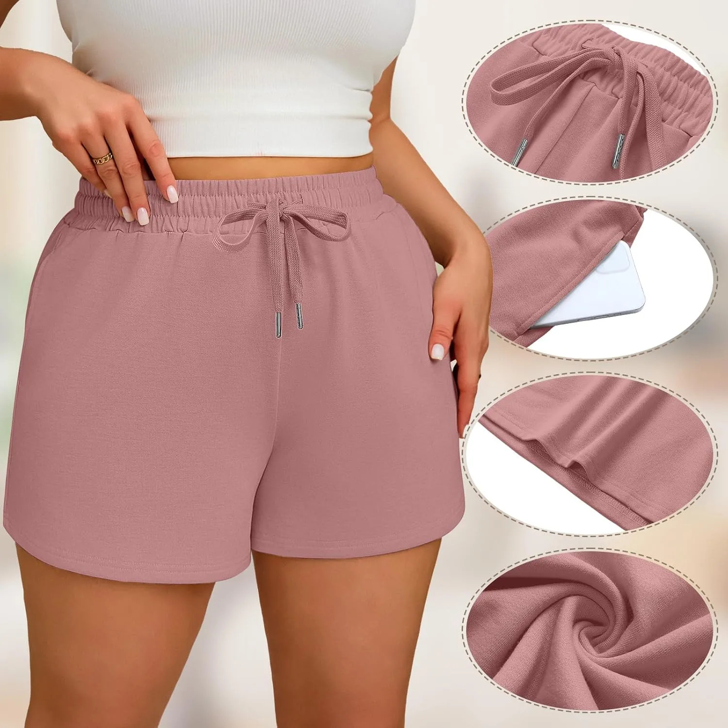 3 Pcs Women's Plus Size Sweat Shorts Drawstring High Waist Elastic Athletic Shorts with Pocket 1X-5XL