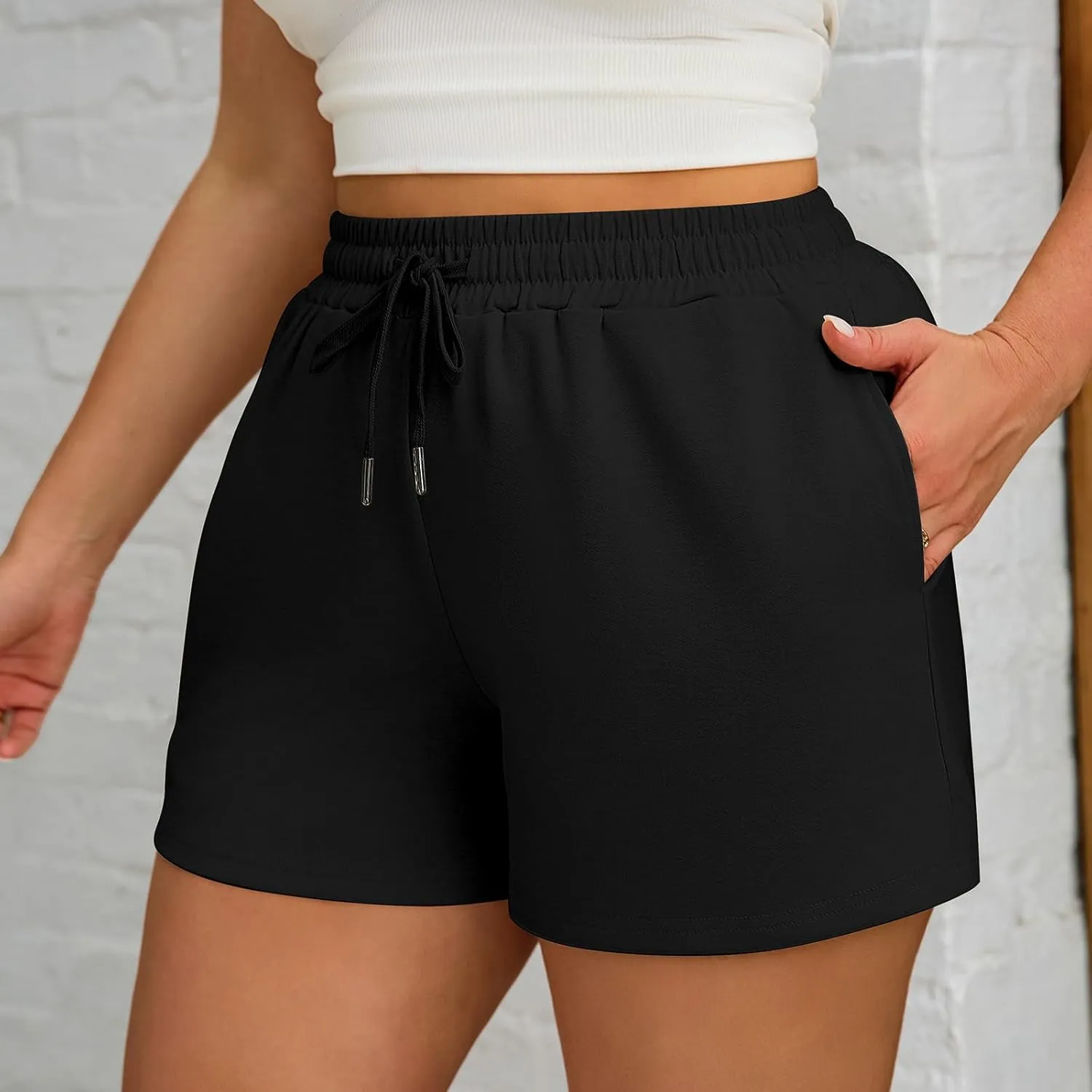 3 Pcs Women's Plus Size Sweat Shorts Drawstring High Waist Elastic Athletic Shorts with Pocket 1X-5XL