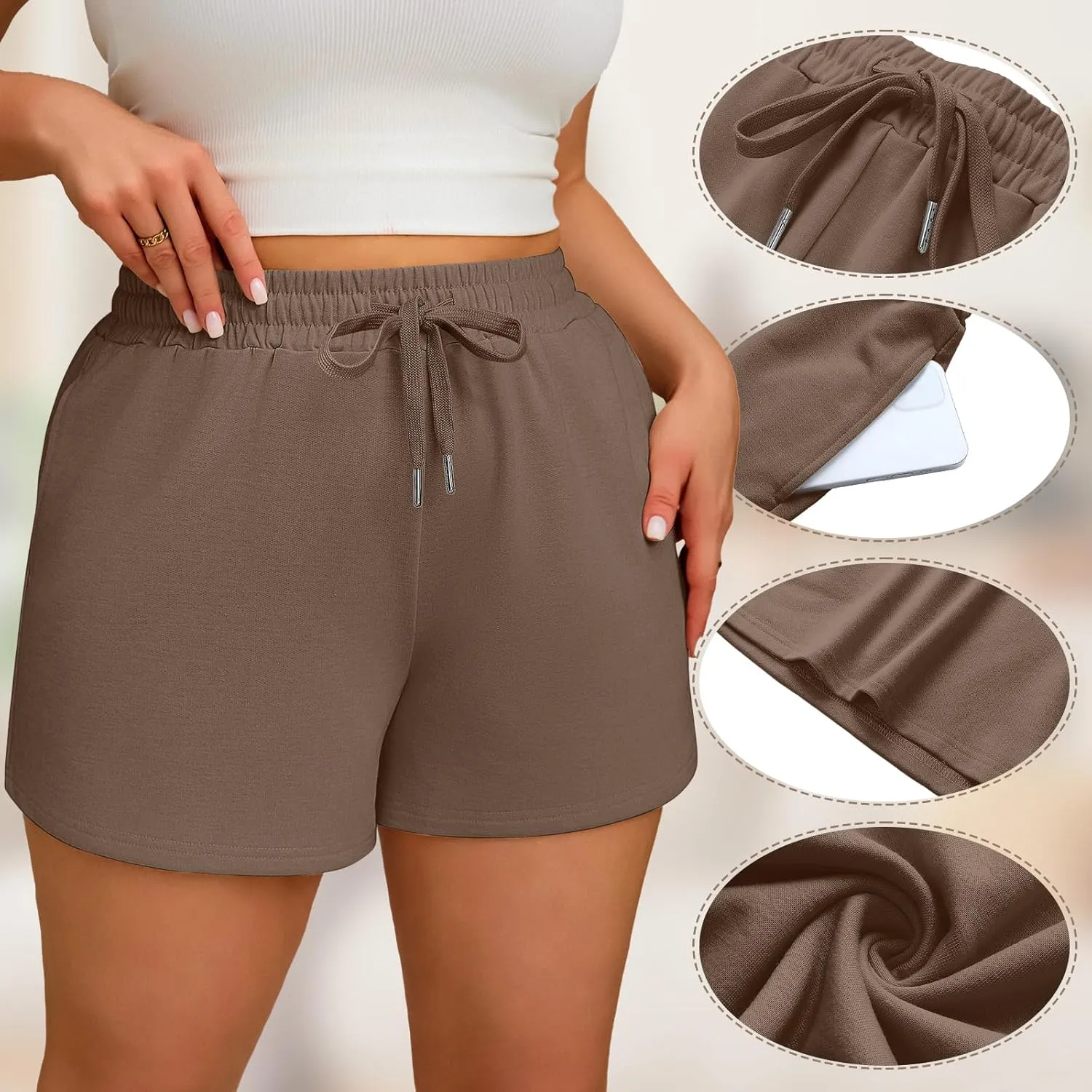 3 Pcs Women's Plus Size Sweat Shorts Drawstring High Waist Elastic Athletic Shorts with Pocket 1X-5XL