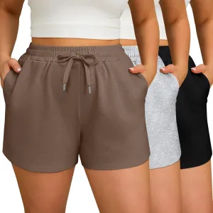3 Pcs Women's Plus Size Sweat Shorts Drawstring High Waist Elastic Athletic Shorts with Pocket 1X-5XL
