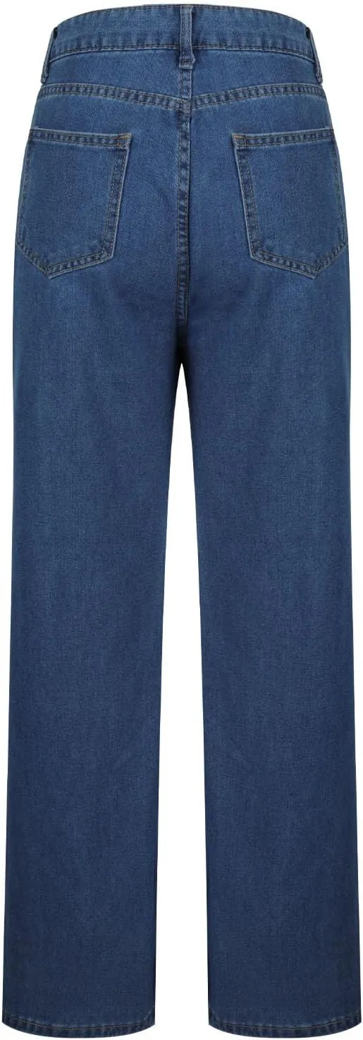 Akklian Women's Wide Leg Jeans Casual High Waisted Straight Stretch Denim Pants Frayed Raw Hem Retro 90s Baggy Jeans 2025