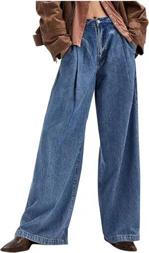 Akklian Women's Wide Leg Jeans Casual High Waisted Straight Stretch Denim Pants Frayed Raw Hem Retro 90s Baggy Jeans 2025