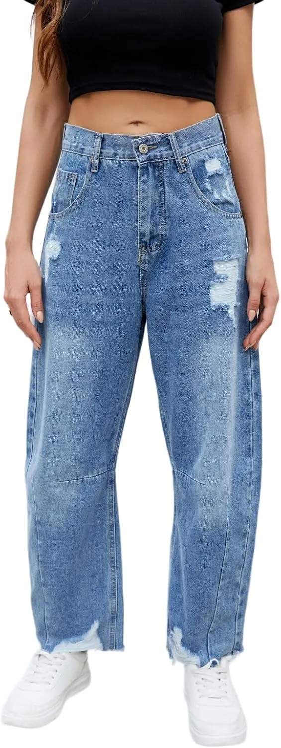 Allimy Womens Jeans Mid High Waisted Wide Leg Cut Horseshoe Baggy Raw Hem Jeans for Women Trendy 2025 Denim Pants