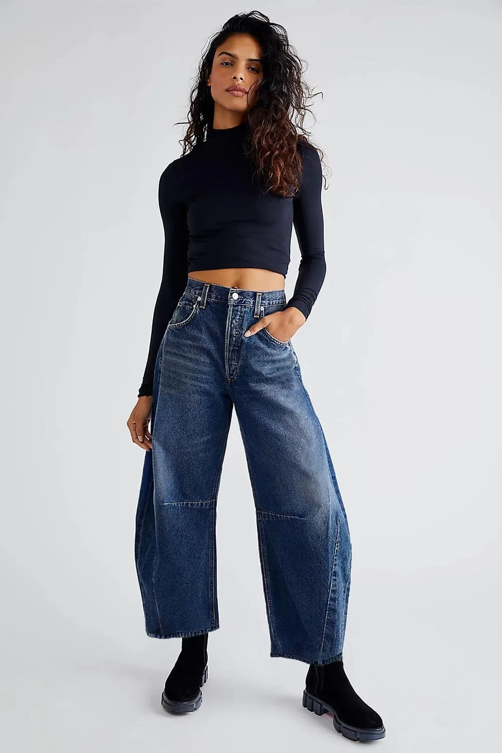 Allimy Womens Jeans Mid High Waisted Wide Leg Cut Horseshoe Baggy Raw Hem Jeans for Women Trendy 2025 Denim Pants