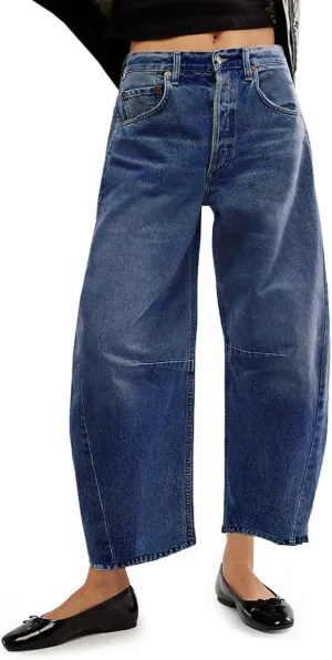 Allimy Womens Jeans Mid High Waisted Wide Leg Cut Horseshoe Baggy Raw Hem Jeans for Women Trendy 2025 Denim Pants