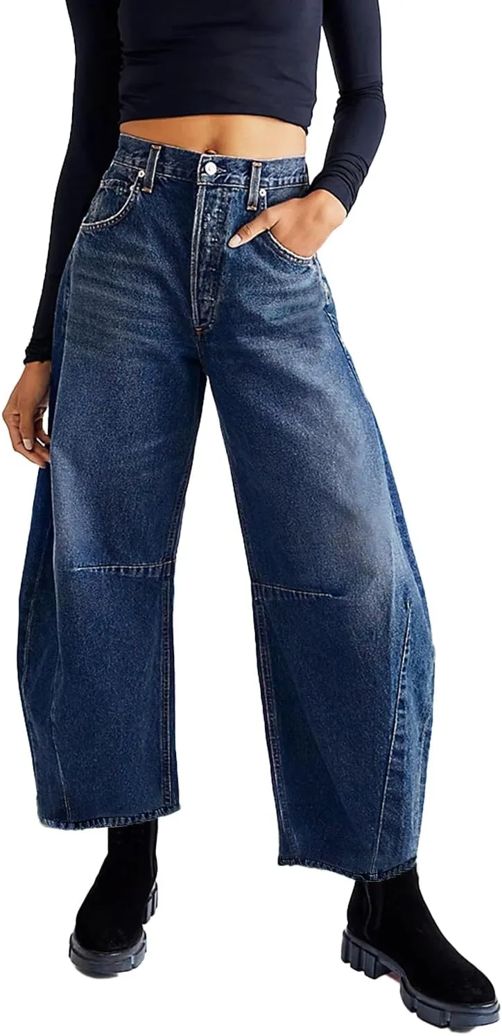 Allimy Womens Jeans Mid High Waisted Wide Leg Cut Horseshoe Baggy Raw Hem Jeans for Women Trendy 2025 Denim Pants