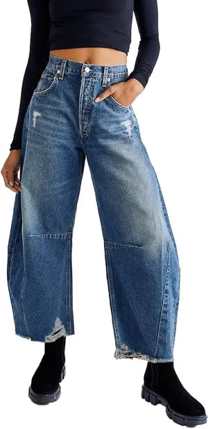 Allimy Womens Jeans Mid High Waisted Wide Leg Cut Horseshoe Baggy Raw Hem Jeans for Women Trendy 2025 Denim Pants