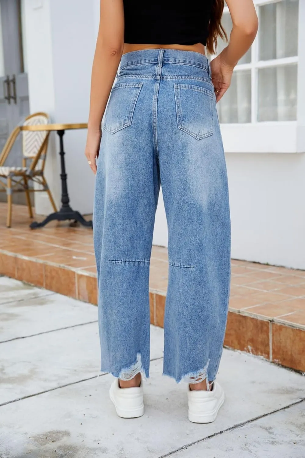 Allimy Womens Jeans Mid High Waisted Wide Leg Cut Horseshoe Baggy Raw Hem Jeans for Women Trendy 2025 Denim Pants