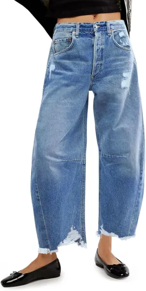 Allimy Womens Jeans Mid High Waisted Wide Leg Cut Horseshoe Baggy Raw Hem Jeans for Women Trendy 2025 Denim Pants