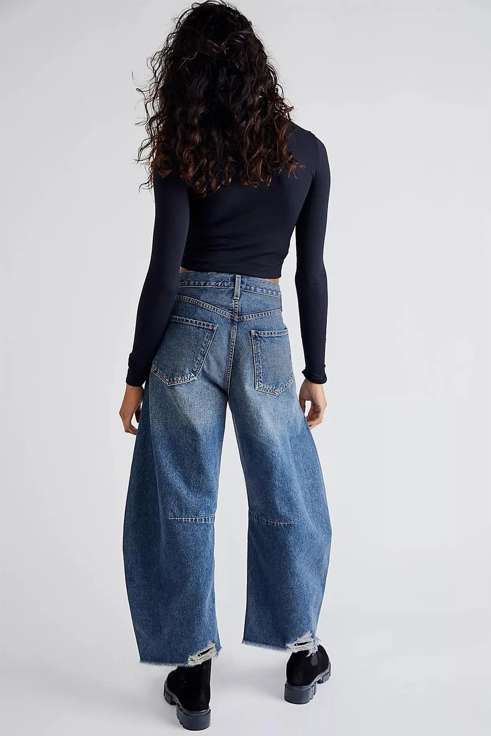 Allimy Womens Jeans Mid High Waisted Wide Leg Cut Horseshoe Baggy Raw Hem Jeans for Women Trendy 2025 Denim Pants
