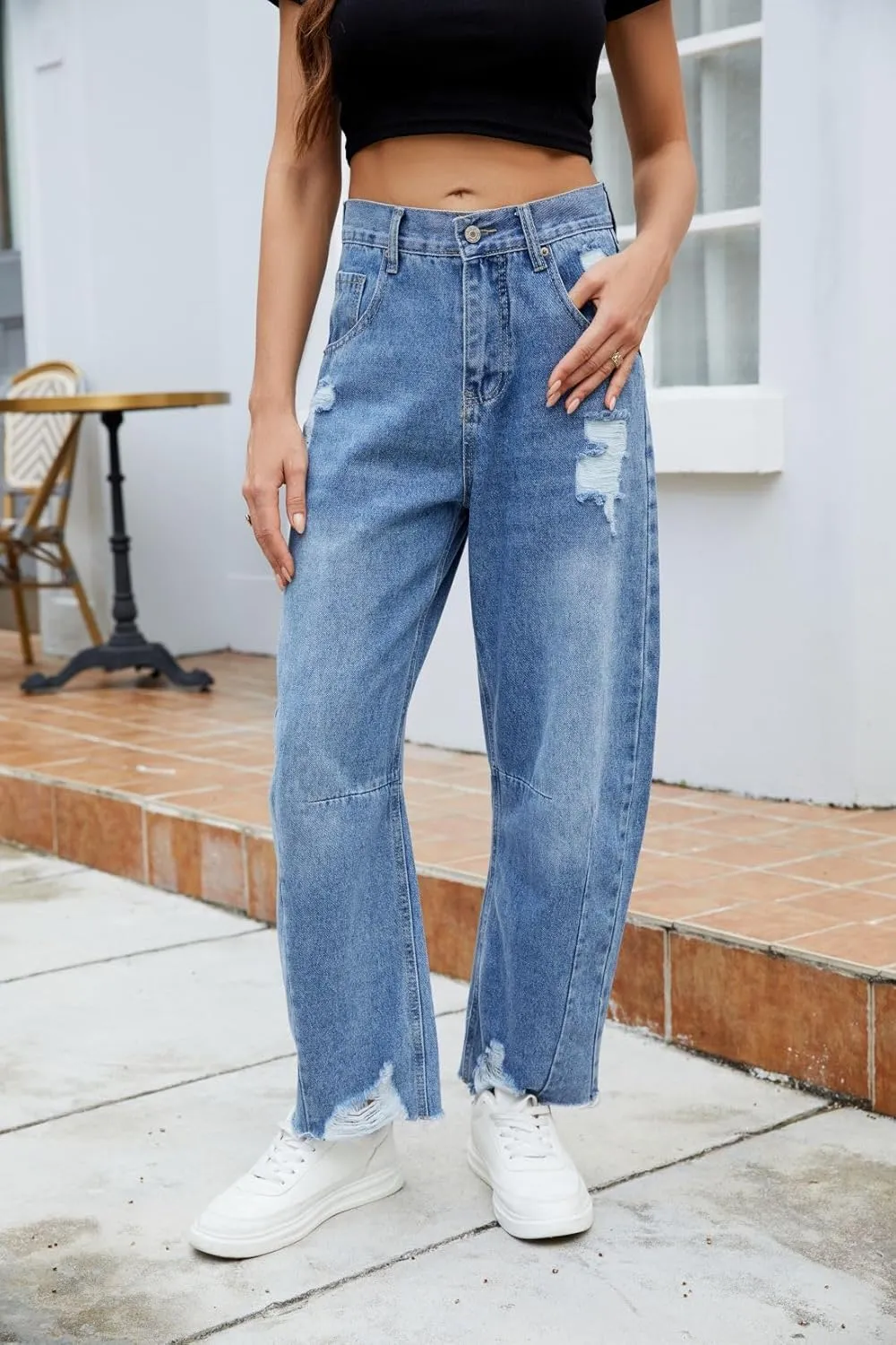 Allimy Womens Jeans Mid High Waisted Wide Leg Cut Horseshoe Baggy Raw Hem Jeans for Women Trendy 2025 Denim Pants