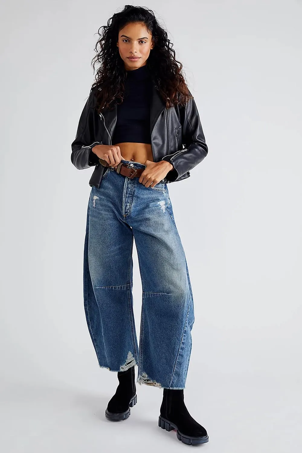 Allimy Womens Jeans Mid High Waisted Wide Leg Cut Horseshoe Baggy Raw Hem Jeans for Women Trendy 2025 Denim Pants