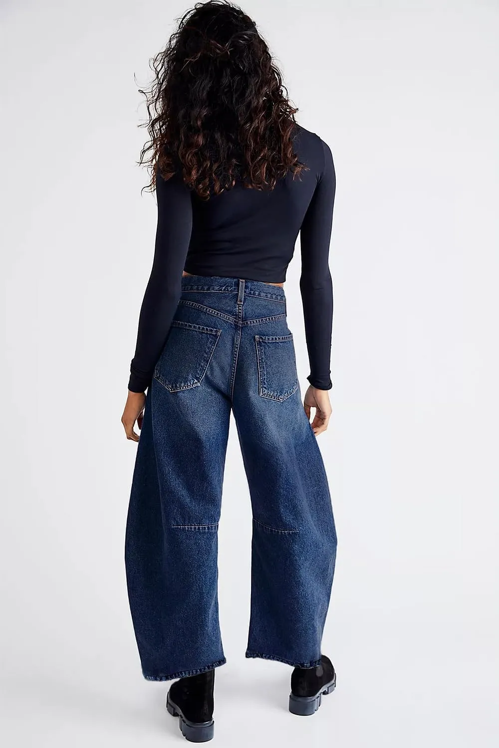 Allimy Womens Jeans Mid High Waisted Wide Leg Cut Horseshoe Baggy Raw Hem Jeans for Women Trendy 2025 Denim Pants