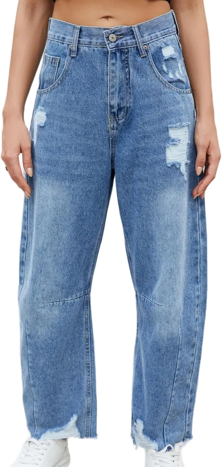 Allimy Womens Jeans Mid High Waisted Wide Leg Cut Horseshoe Baggy Raw Hem Jeans for Women Trendy 2025 Denim Pants