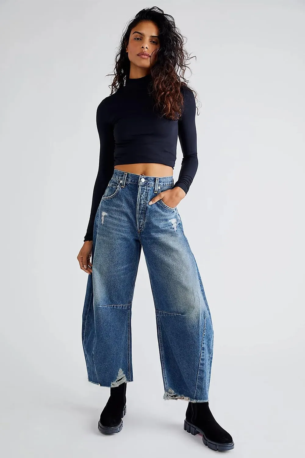 Allimy Womens Jeans Mid High Waisted Wide Leg Cut Horseshoe Baggy Raw Hem Jeans for Women Trendy 2025 Denim Pants