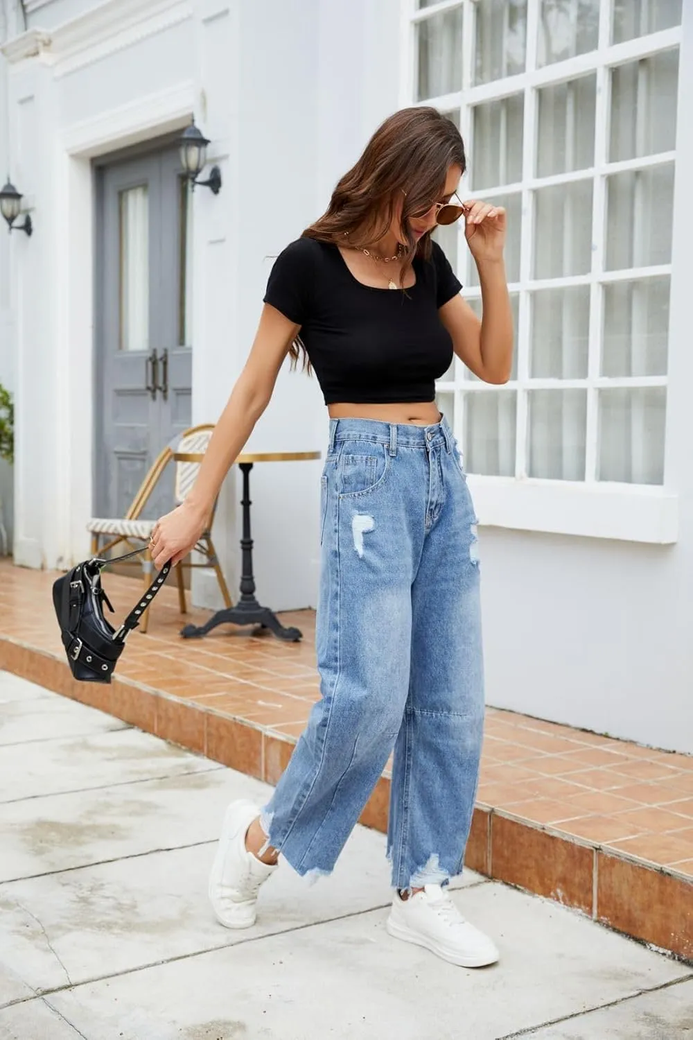 Allimy Womens Jeans Mid High Waisted Wide Leg Cut Horseshoe Baggy Raw Hem Jeans for Women Trendy 2025 Denim Pants