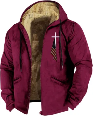 American Flag Print Fleece Winter Jackets Oversize Sherpa Lined Full Zip Up Hoodies Plus Size Warm Western Retro Coats