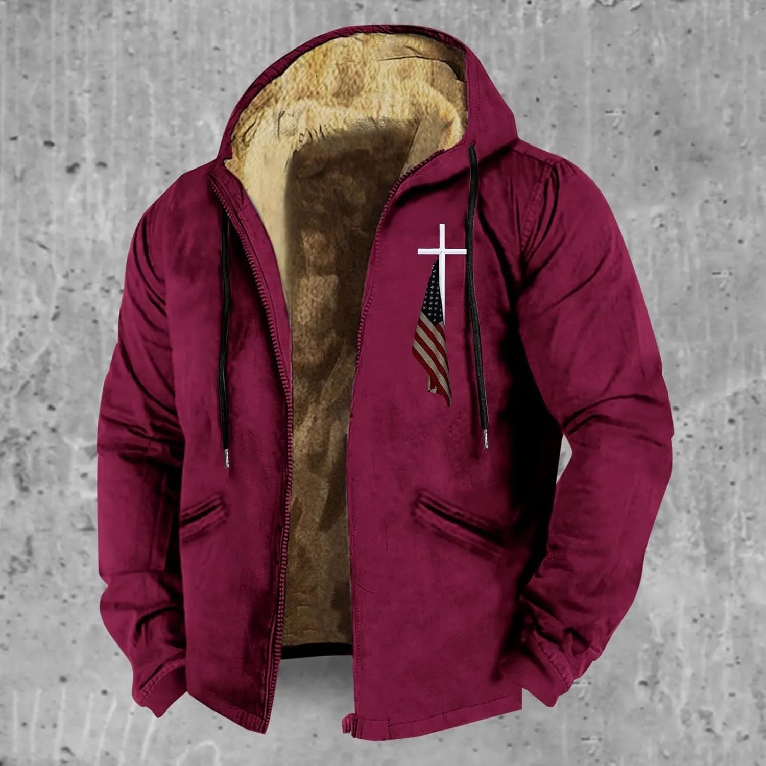 American Flag Print Fleece Winter Jackets Oversize Sherpa Lined Full Zip Up Hoodies Plus Size Warm Western Retro Coats
