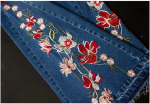 Andongnywell Women's Embroidered Bell Bottom Jeans Floral Stretchy Flare Denim Pants Chic High Rise Long Jean
