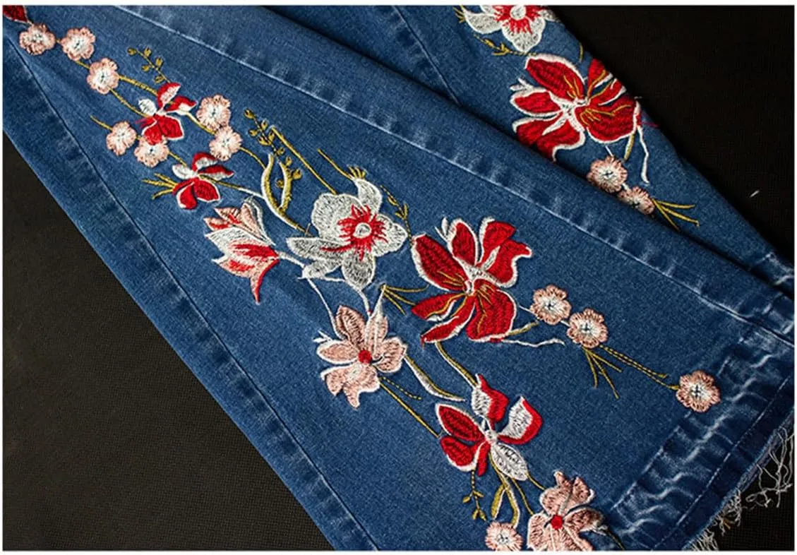 Andongnywell Women's Embroidered Bell Bottom Jeans Floral Stretchy Flare Denim Pants Chic High Rise Long Jean
