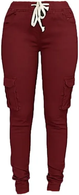 Andongnywell Womens Solid Color Drawstring Skinny Pants Stretch Cargo Joggers Casual Pockets Pants Tie Butt Lift Pant