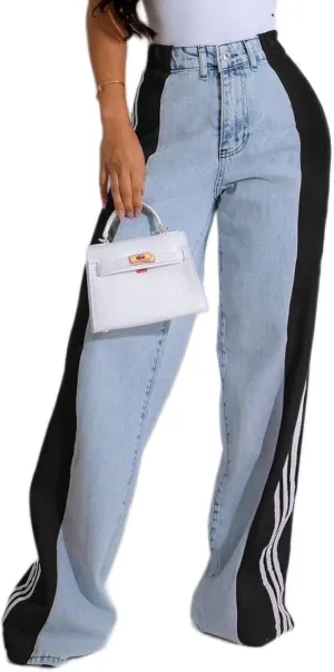 Angsuttc Womens Jeans with Patchwork Stripes High Waisted Stretchy Denim Color Block Straight Wide Leg Trendy Jean