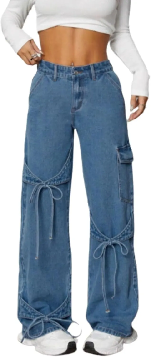 Baggy Jeans for Woman Teen Girls Bow Jeans High Waisted Straight Leg Cute Pants Casual Preppy Clothes