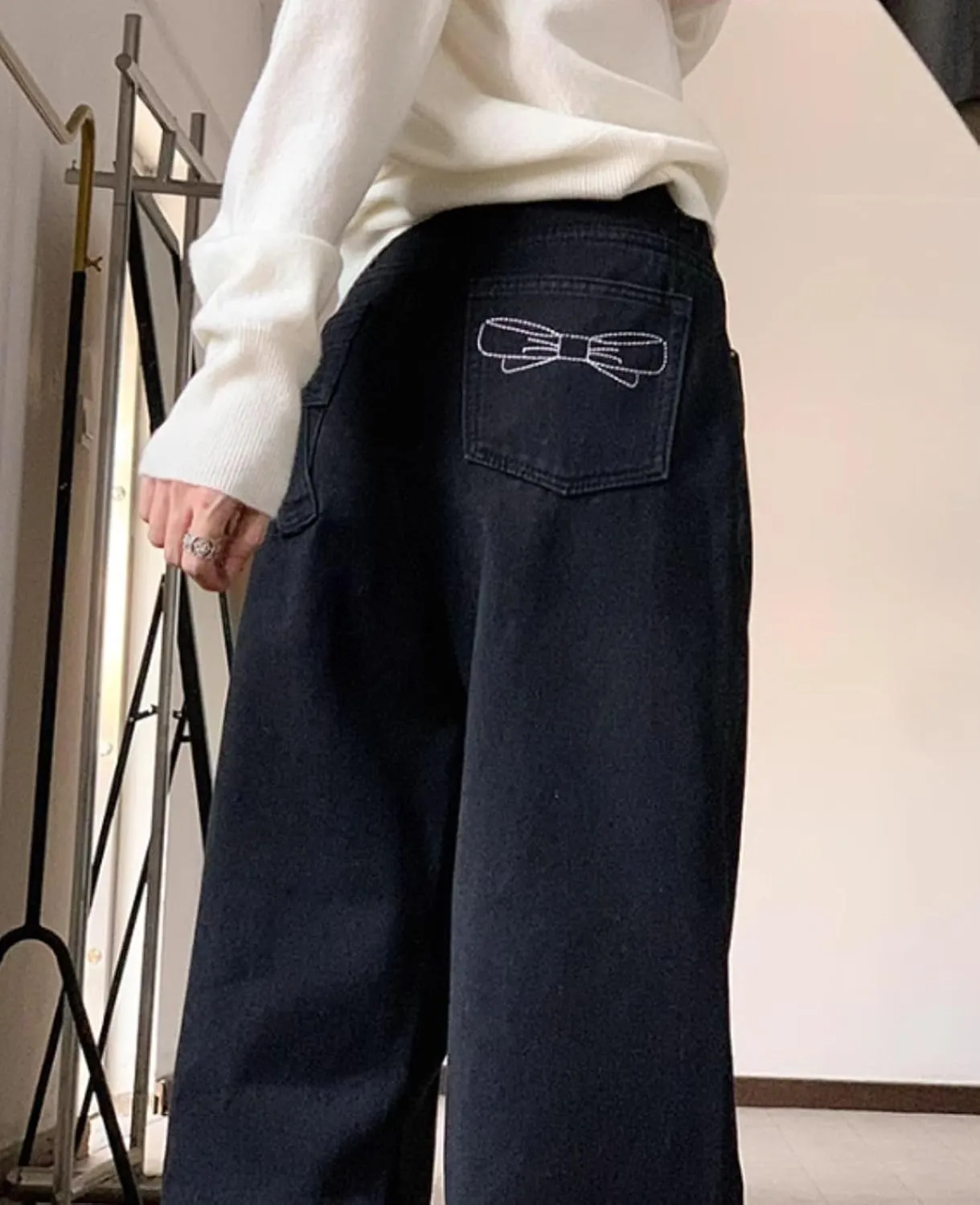 Baggy Jeans for Woman Teen Girls Bow Jeans High Waisted Straight Leg Cute Pants Casual Preppy Clothes