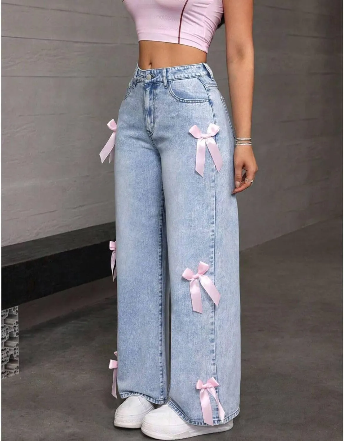 Baggy Jeans for Woman Teen Girls Bow Jeans High Waisted Straight Leg Cute Pants Casual Preppy Clothes