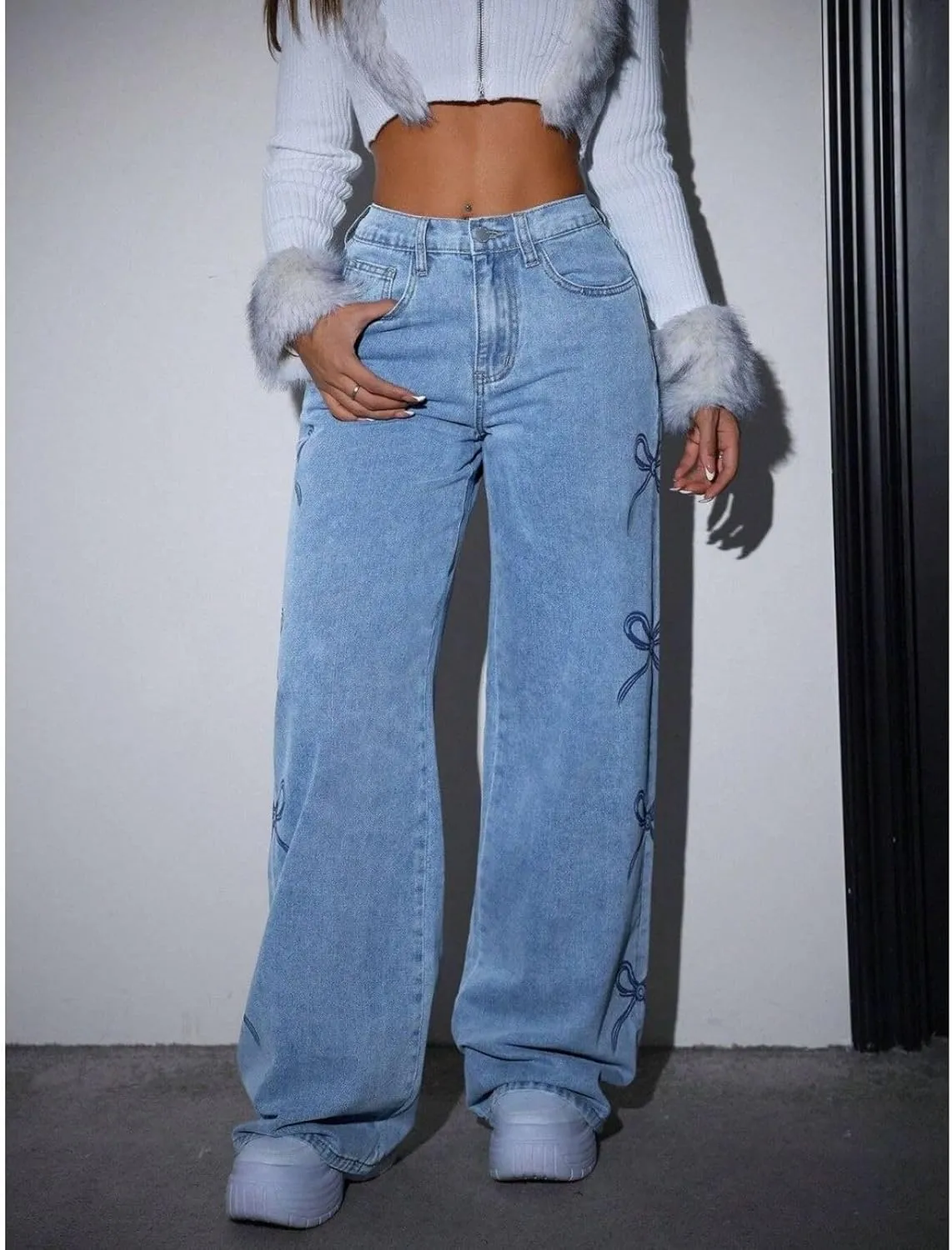 Baggy Jeans for Woman Teen Girls Bow Jeans High Waisted Straight Leg Cute Pants Casual Preppy Clothes