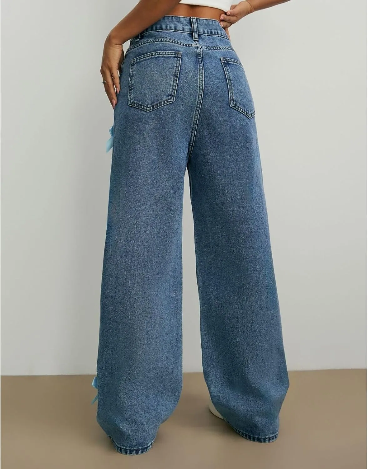 Baggy Jeans for Woman Teen Girls Bow Jeans High Waisted Straight Leg Cute Pants Casual Preppy Clothes