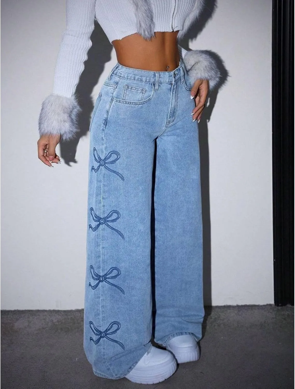 Baggy Jeans for Woman Teen Girls Bow Jeans High Waisted Straight Leg Cute Pants Casual Preppy Clothes