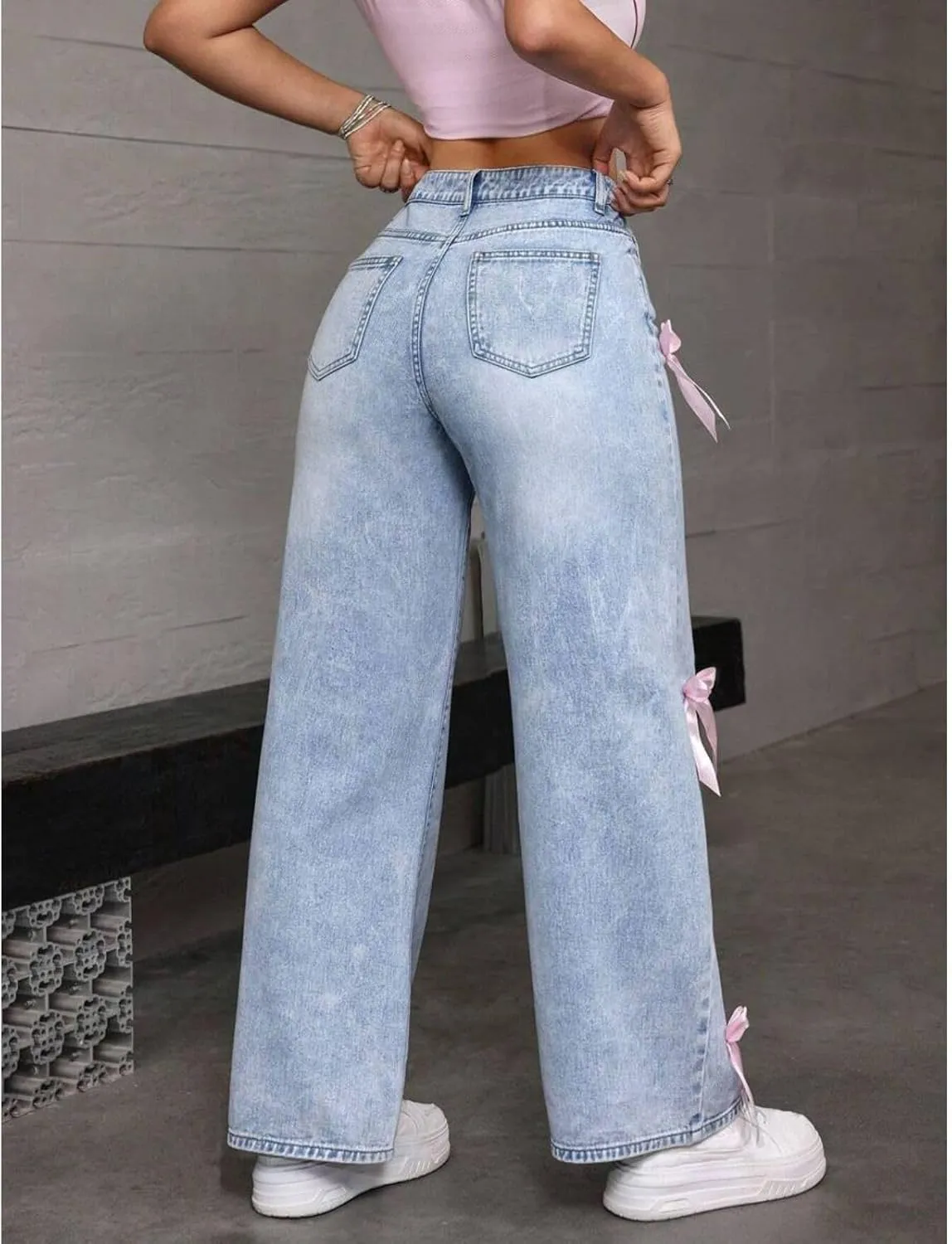 Baggy Jeans for Woman Teen Girls Bow Jeans High Waisted Straight Leg Cute Pants Casual Preppy Clothes