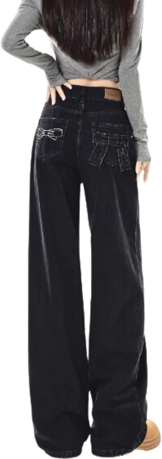 Baggy Jeans for Woman Teen Girls Bow Jeans High Waisted Straight Leg Cute Pants Casual Preppy Clothes