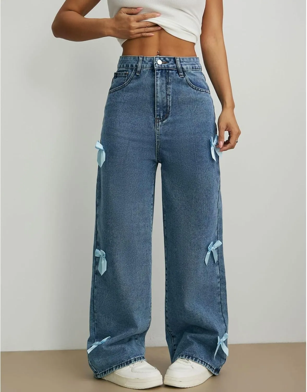 Baggy Jeans for Woman Teen Girls Bow Jeans High Waisted Straight Leg Cute Pants Casual Preppy Clothes