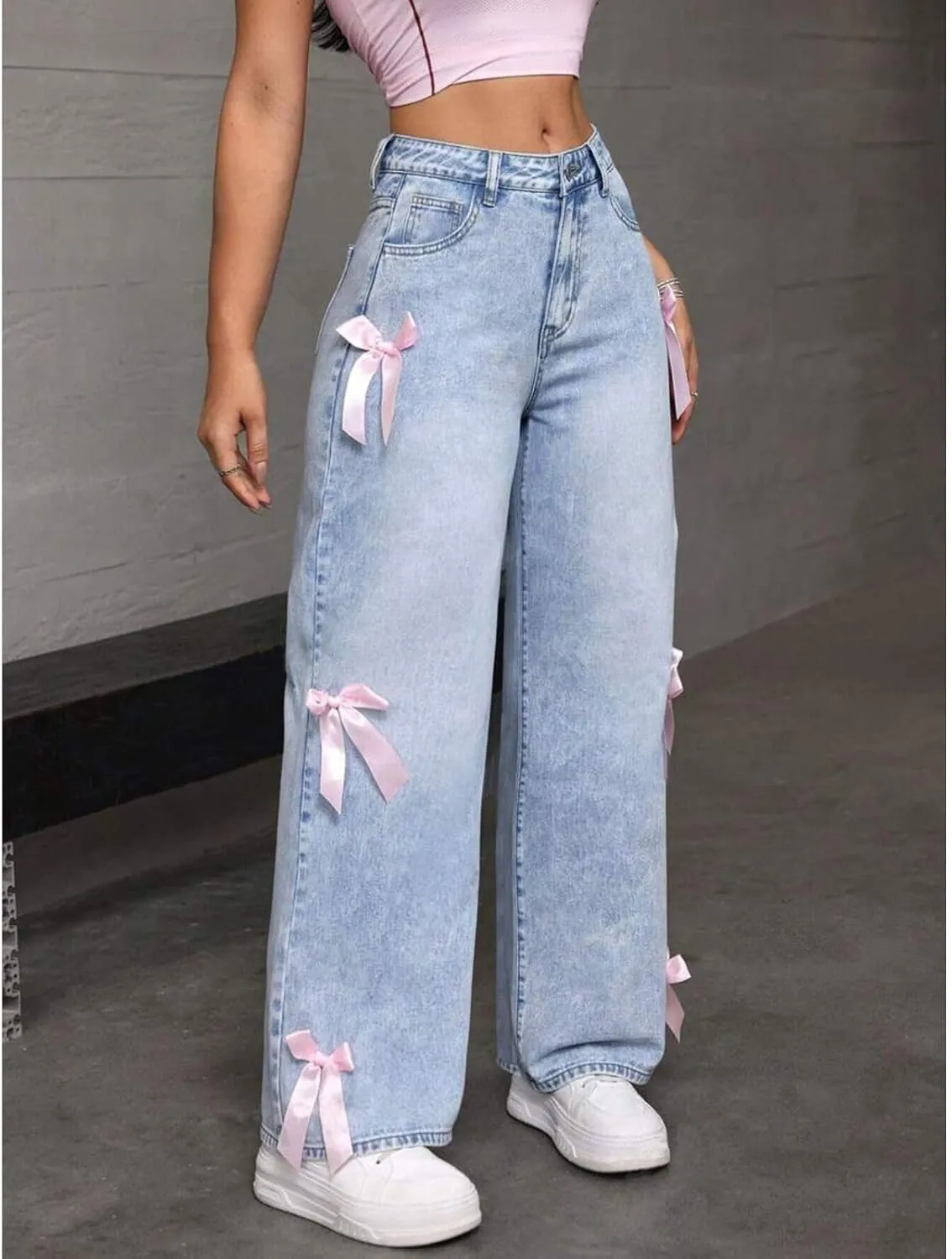 Baggy Jeans for Woman Teen Girls Bow Jeans High Waisted Straight Leg Cute Pants Casual Preppy Clothes