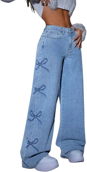 Baggy Jeans for Woman Teen Girls Bow Jeans High Waisted Straight Leg Cute Pants Casual Preppy Clothes