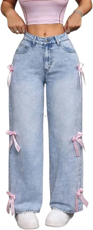 Baggy Jeans for Woman Teen Girls Bow Jeans High Waisted Straight Leg Cute Pants Casual Preppy Clothes