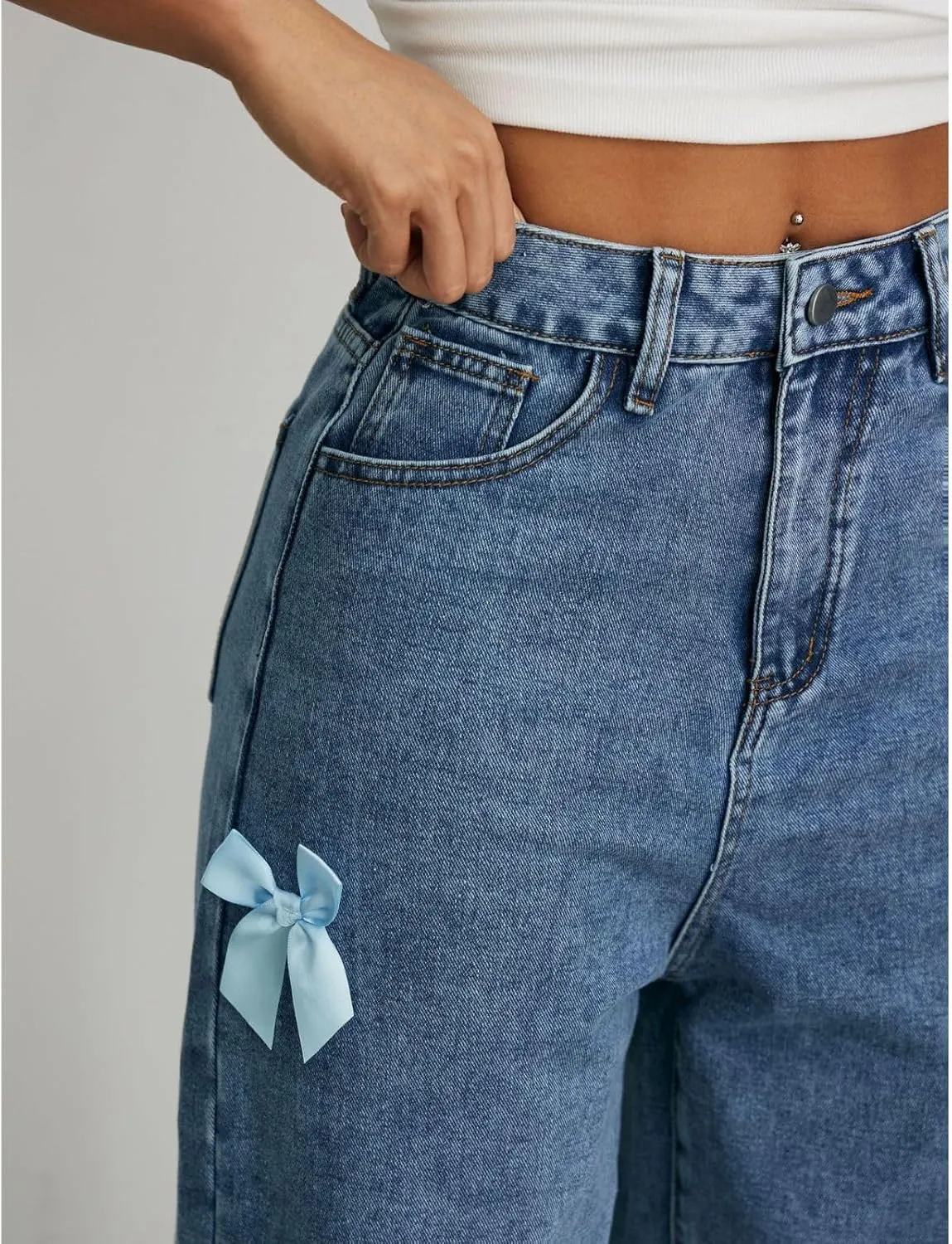 Baggy Jeans for Woman Teen Girls Bow Jeans High Waisted Straight Leg Cute Pants Casual Preppy Clothes