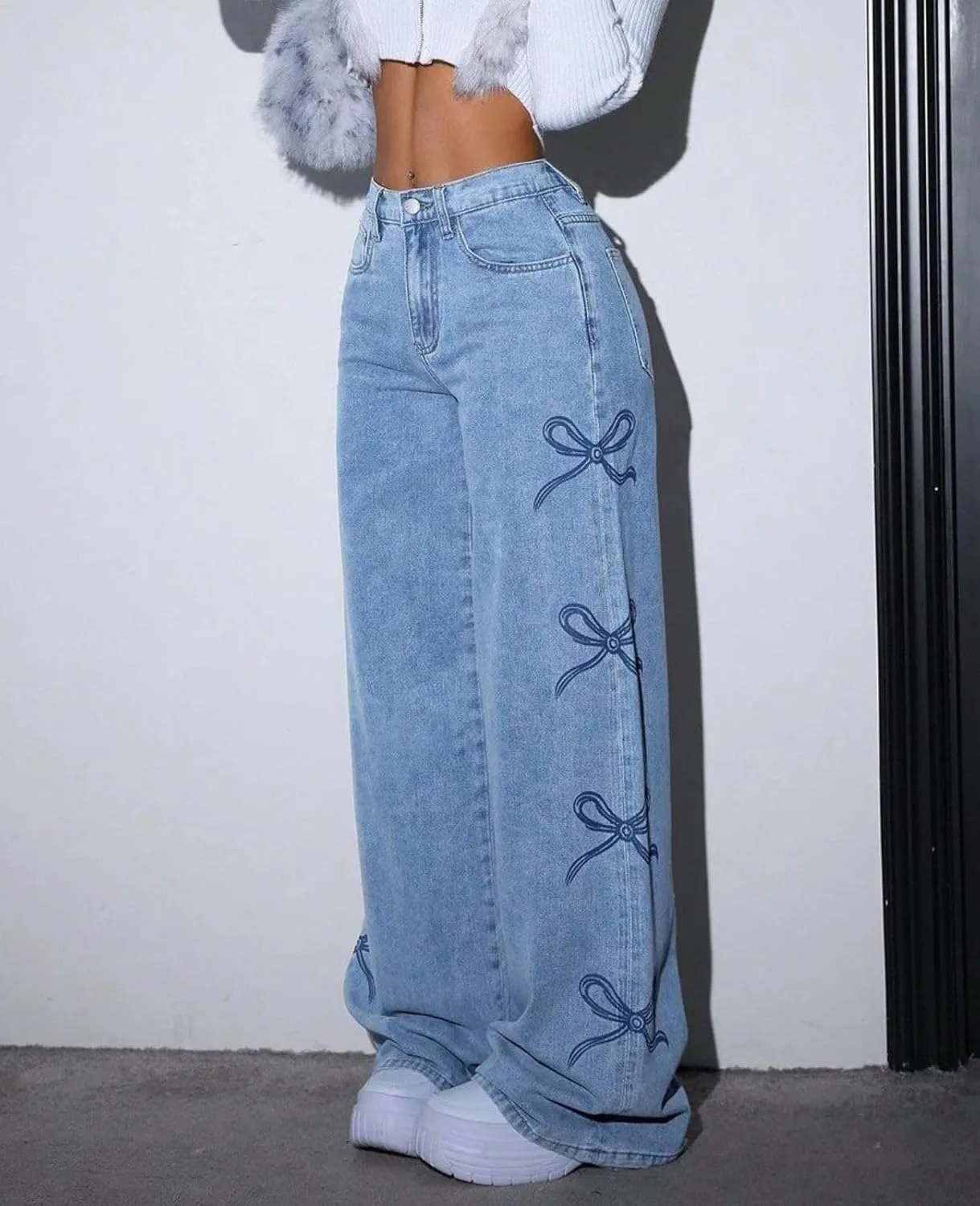 Baggy Jeans for Woman Teen Girls Bow Jeans High Waisted Straight Leg Cute Pants Casual Preppy Clothes