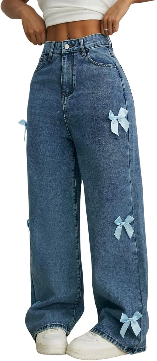 Baggy Jeans for Woman Teen Girls Bow Jeans High Waisted Straight Leg Cute Pants Casual Preppy Clothes