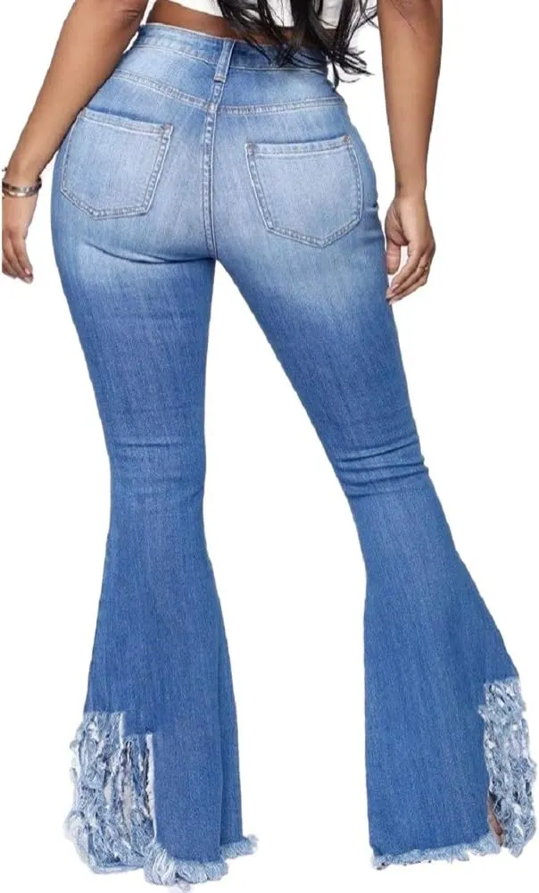 Bell Bottom Jeans for Women Butterfly Vintage High Waisted Skinny Flared Jeans Wide Leg Raw Hem Denim Pants