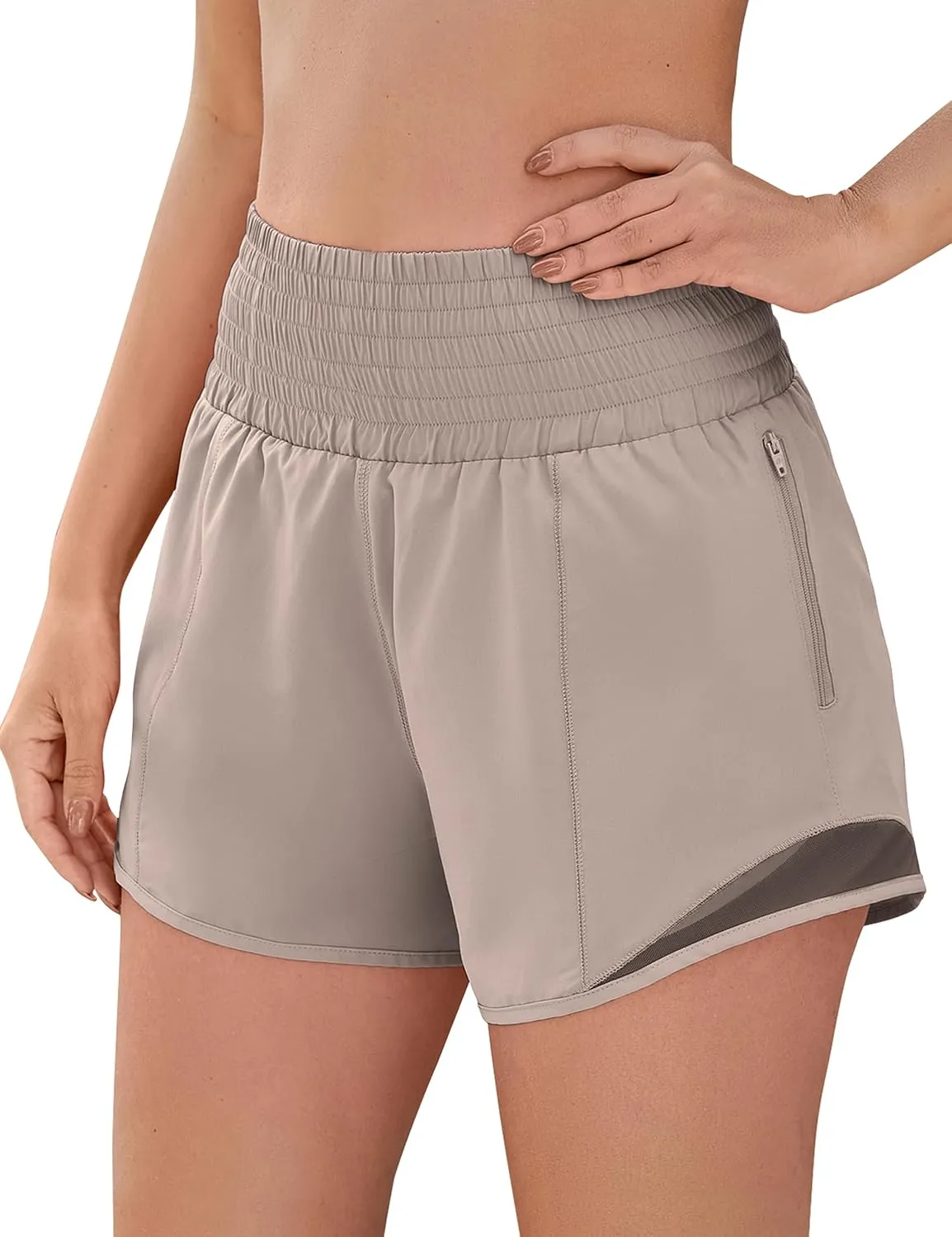 BMJL Women's Athletic Shorts Sport Gym Running Shorts Quick Dry High Waisted Workout Shorts with Pockets(S,Khaki)