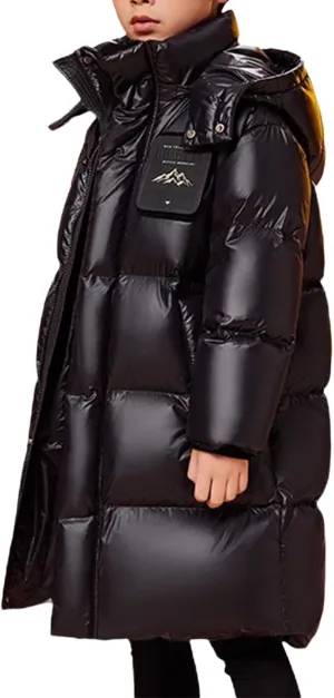 Boys Girls Long Hooded Down Winter Coat Kids Windproof Puffer Down Jacket Thick Warm Coat (Black, 9-10 Years)