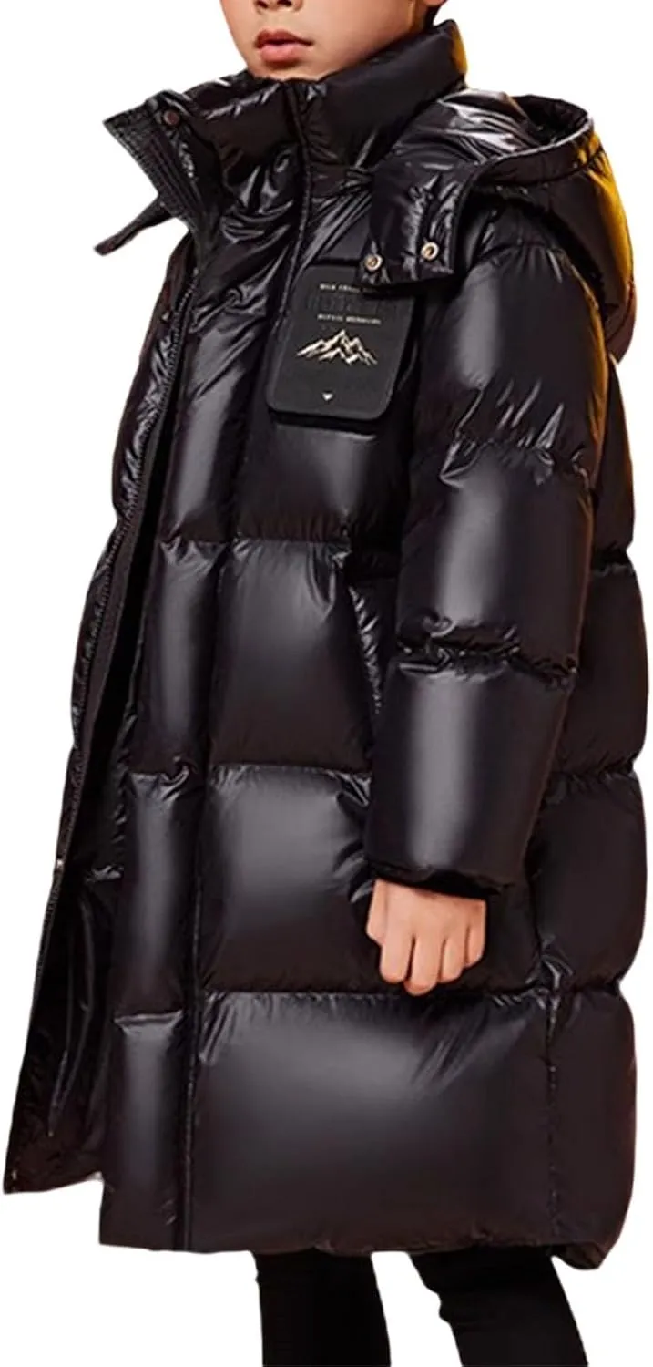 Boys Girls Long Hooded Down Winter Coat Kids Windproof Puffer Down Jacket Thick Warm Coat (Black, 9-10 Years)