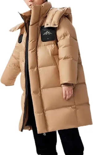 Boys Girls Long Hooded Down Winter Coat Kids Windproof Puffer Down Jacket Thick Warm Coat (Khaki, 9-10 Years)
