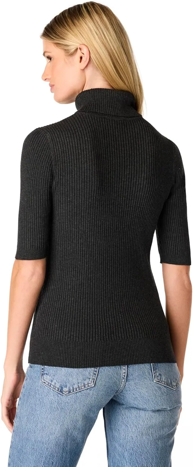 Cable & Gauge Women's Short Sleeve Mock Neck Sweater - Soft Knit Fabric, Ribbed Texture, Elbow-Length Sleeves, Casual Top